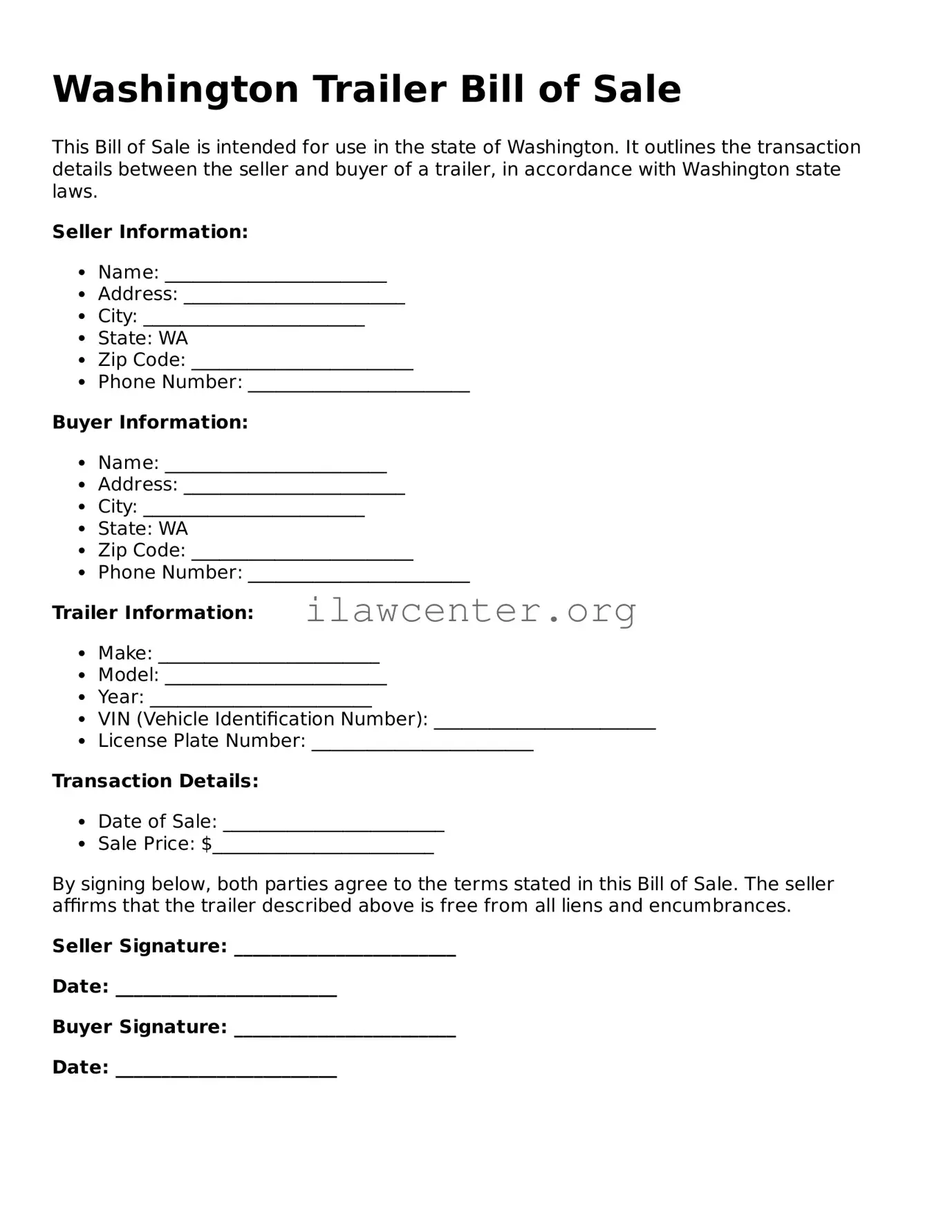 Attorney-Verified  Trailer Bill of Sale Document for Washington