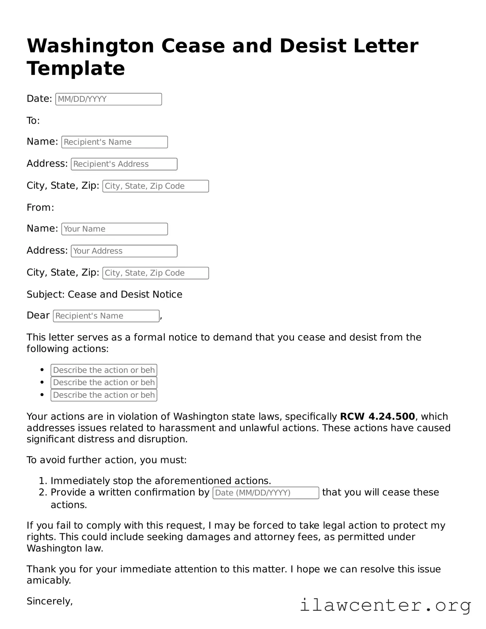 Attorney-Verified  Cease and Desist Letter Document for Washington