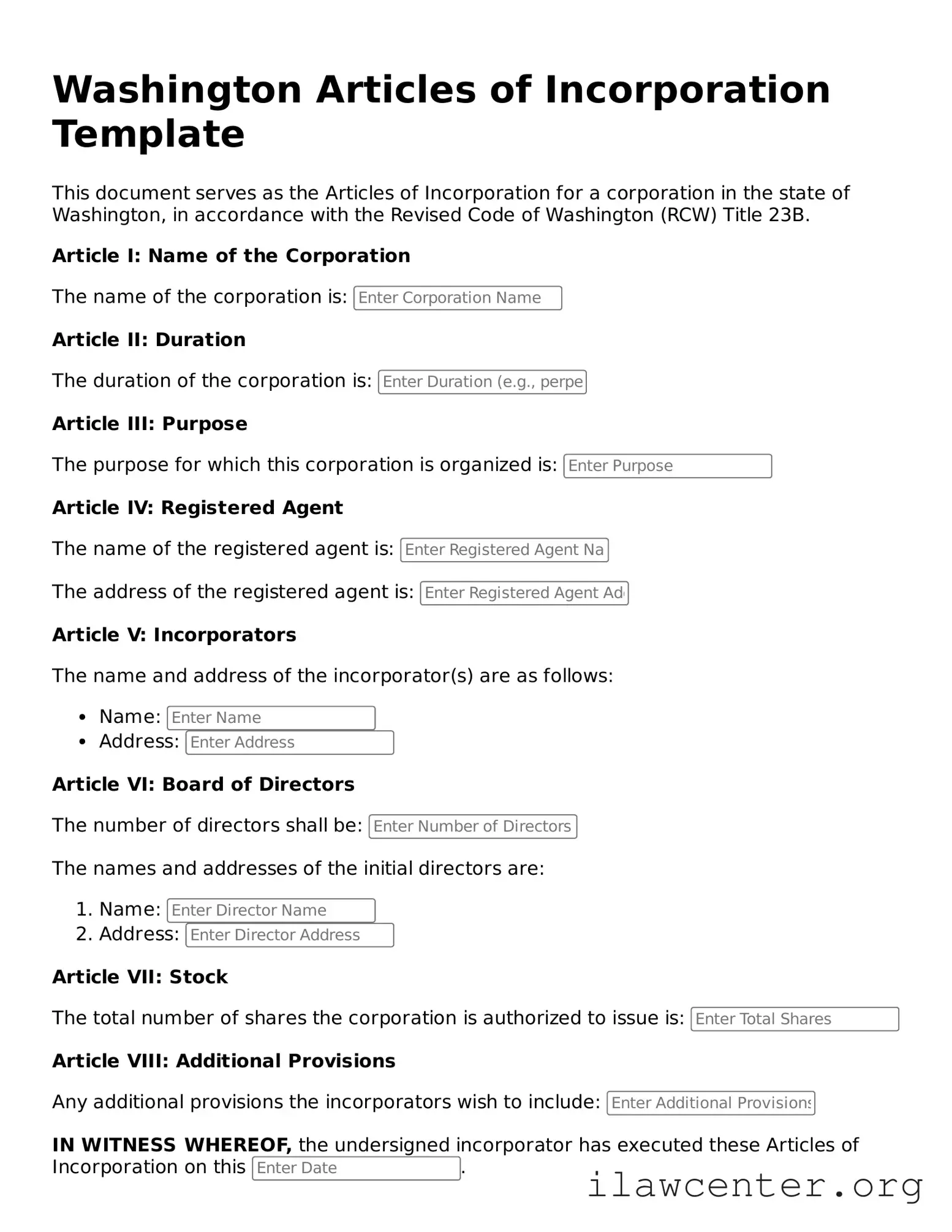Attorney-Verified  Articles of Incorporation Document for Washington