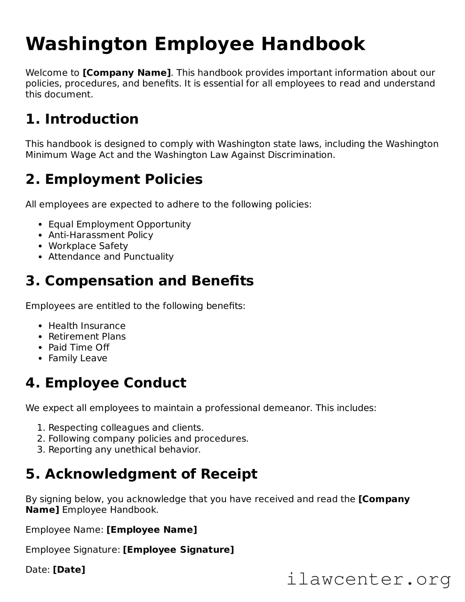 Attorney-Verified  Employee Handbook Document for Washington