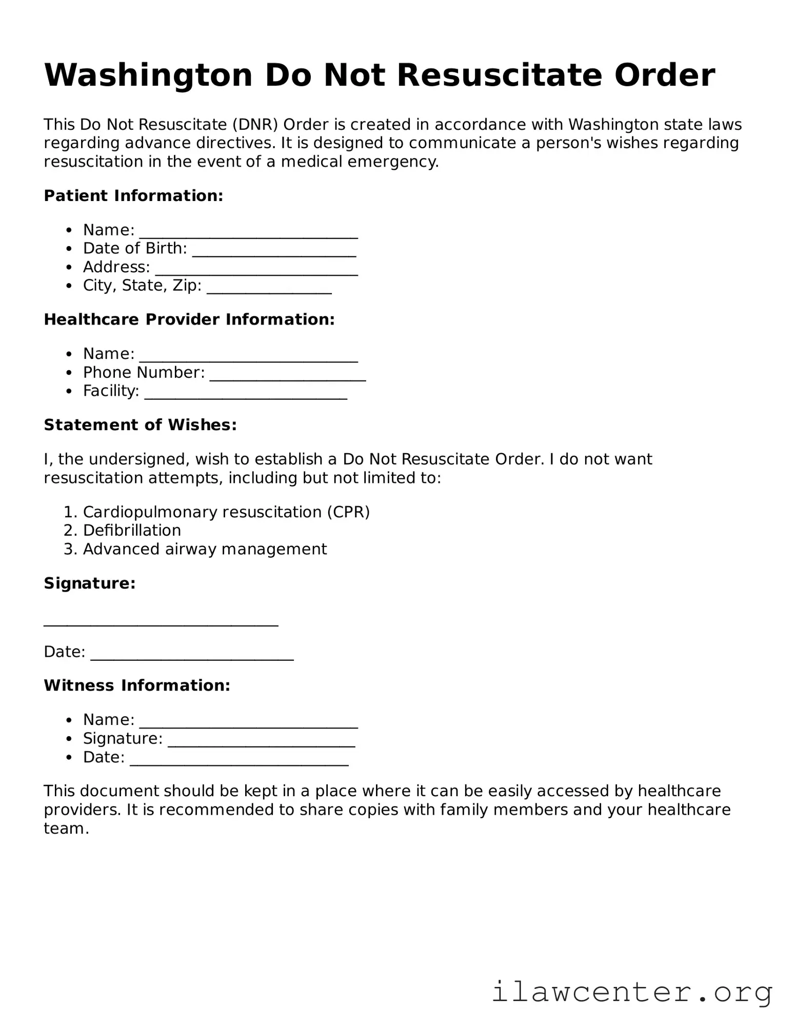 Attorney-Verified  Do Not Resuscitate Order Document for Washington