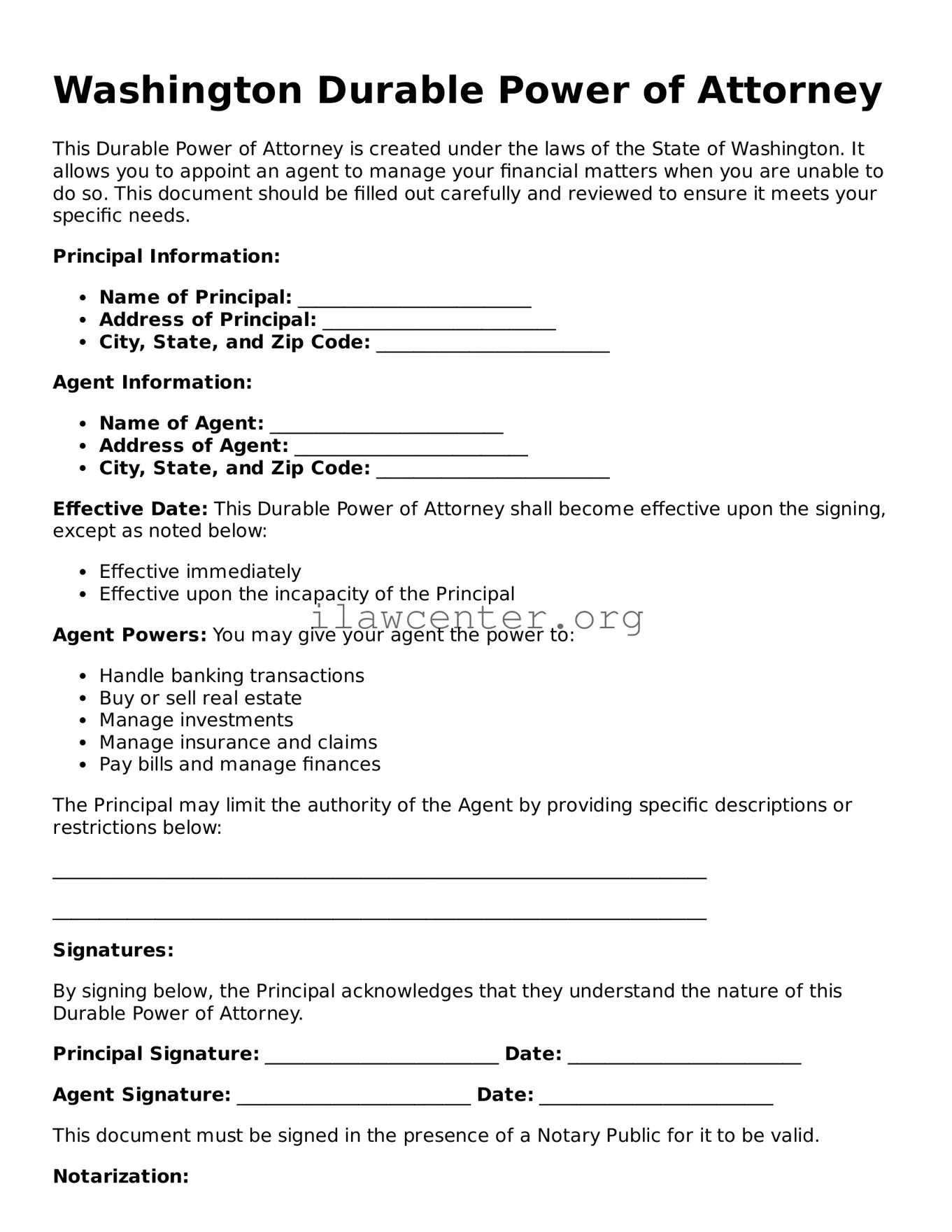 Attorney-Verified  Durable Power of Attorney Document for Washington