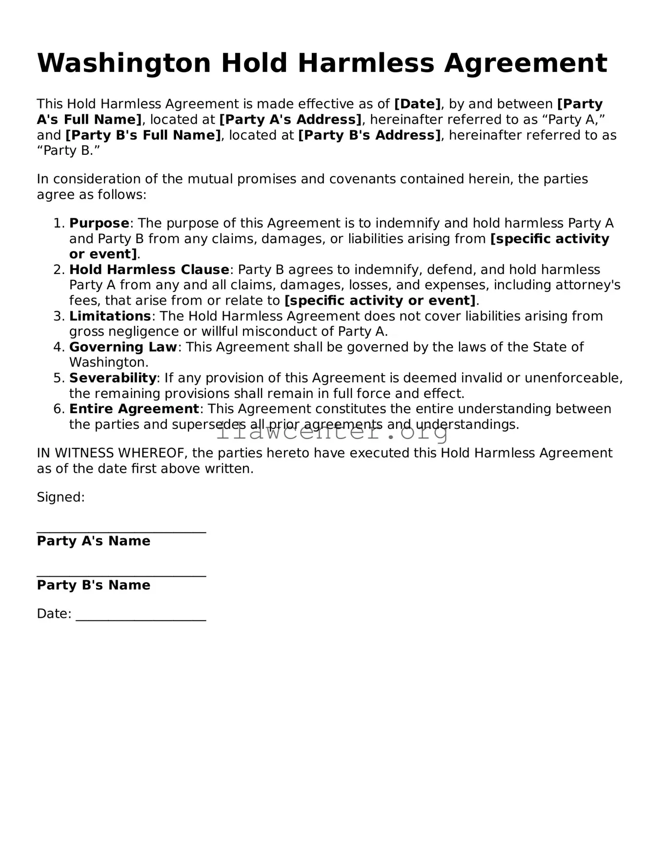 Attorney-Verified  Hold Harmless Agreement Document for Washington