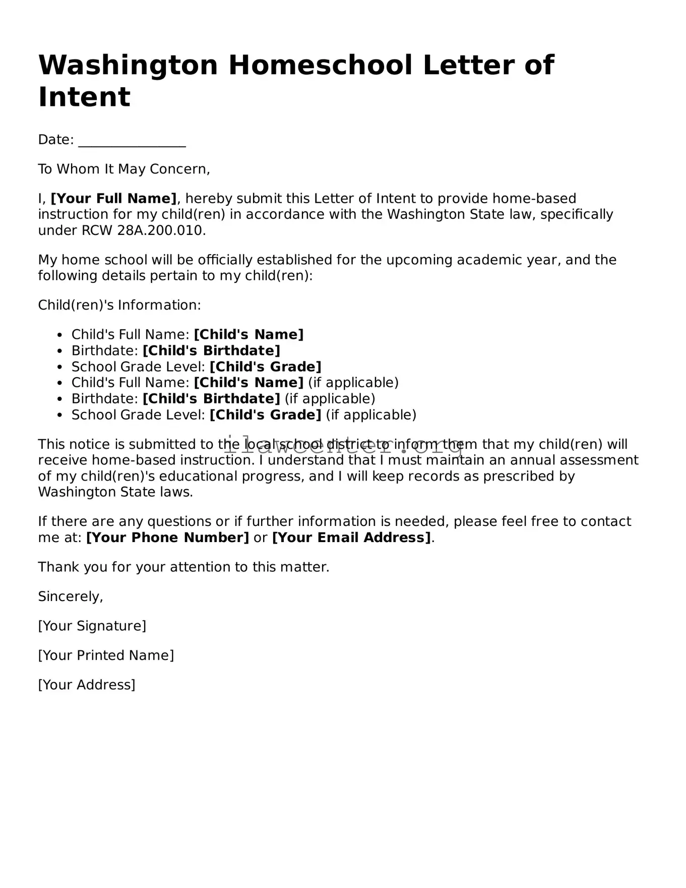 Attorney-Verified  Homeschool Letter of Intent Document for Washington