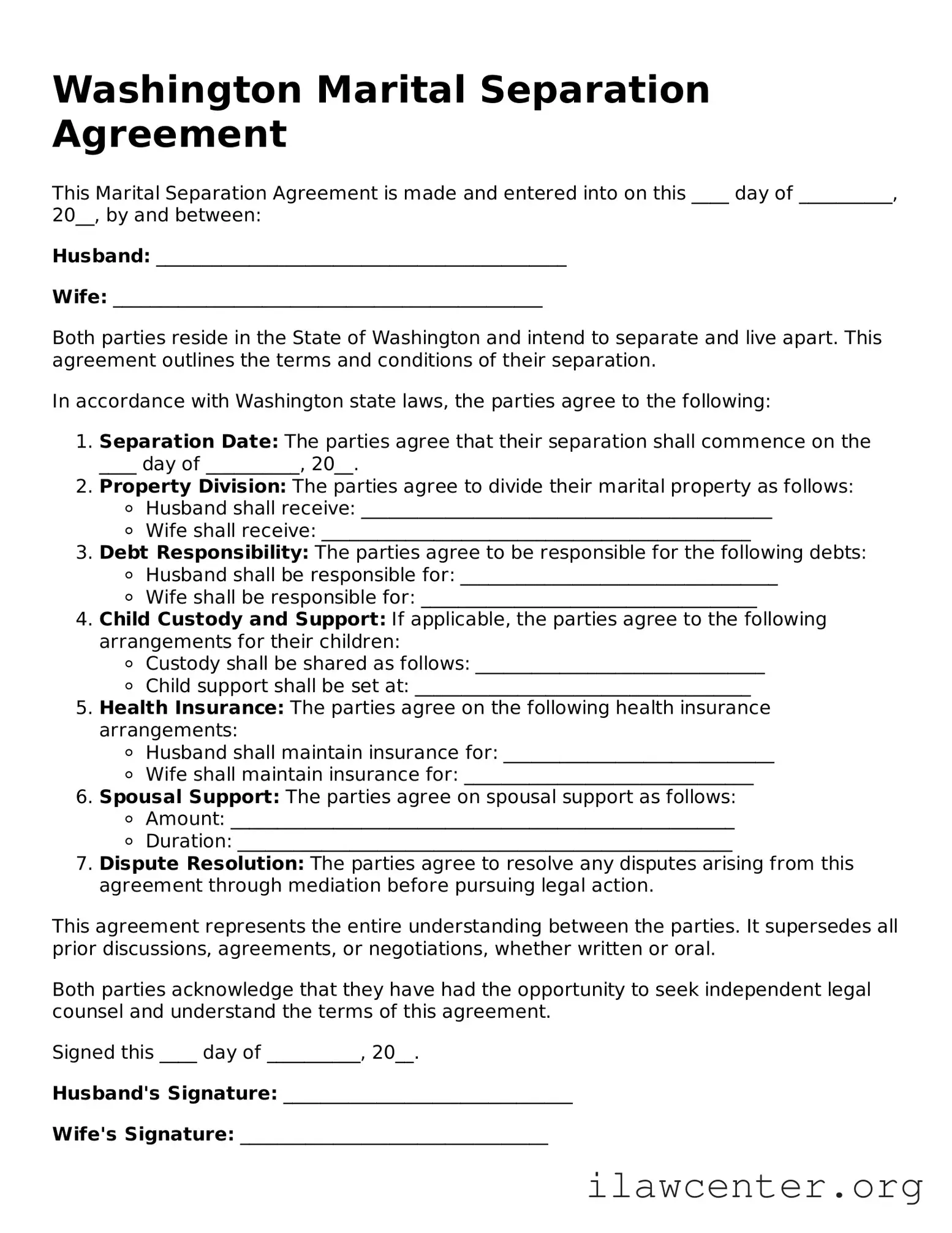 Attorney-Verified  Marital Separation Agreement Document for Washington