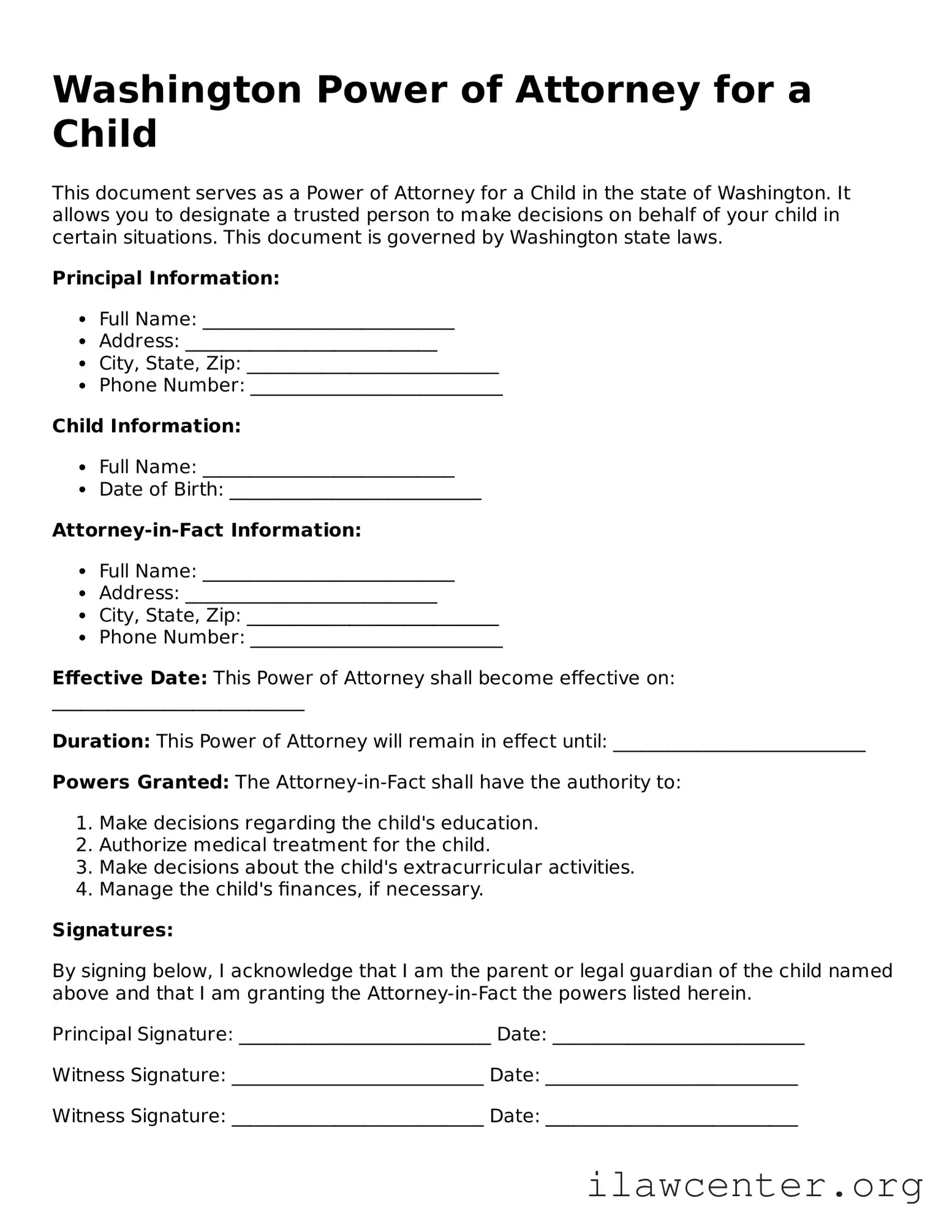 Attorney-Verified  Power of Attorney for a Child Document for Washington
