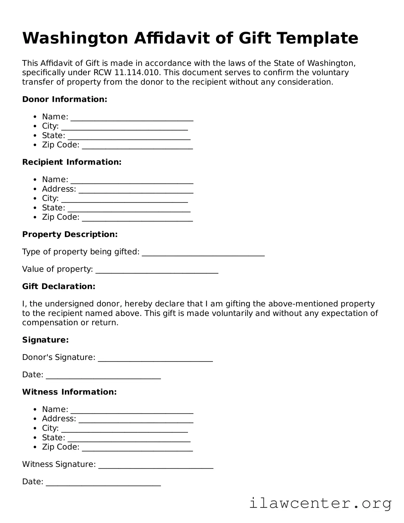 Attorney-Verified  Affidavit of Gift Document for Washington