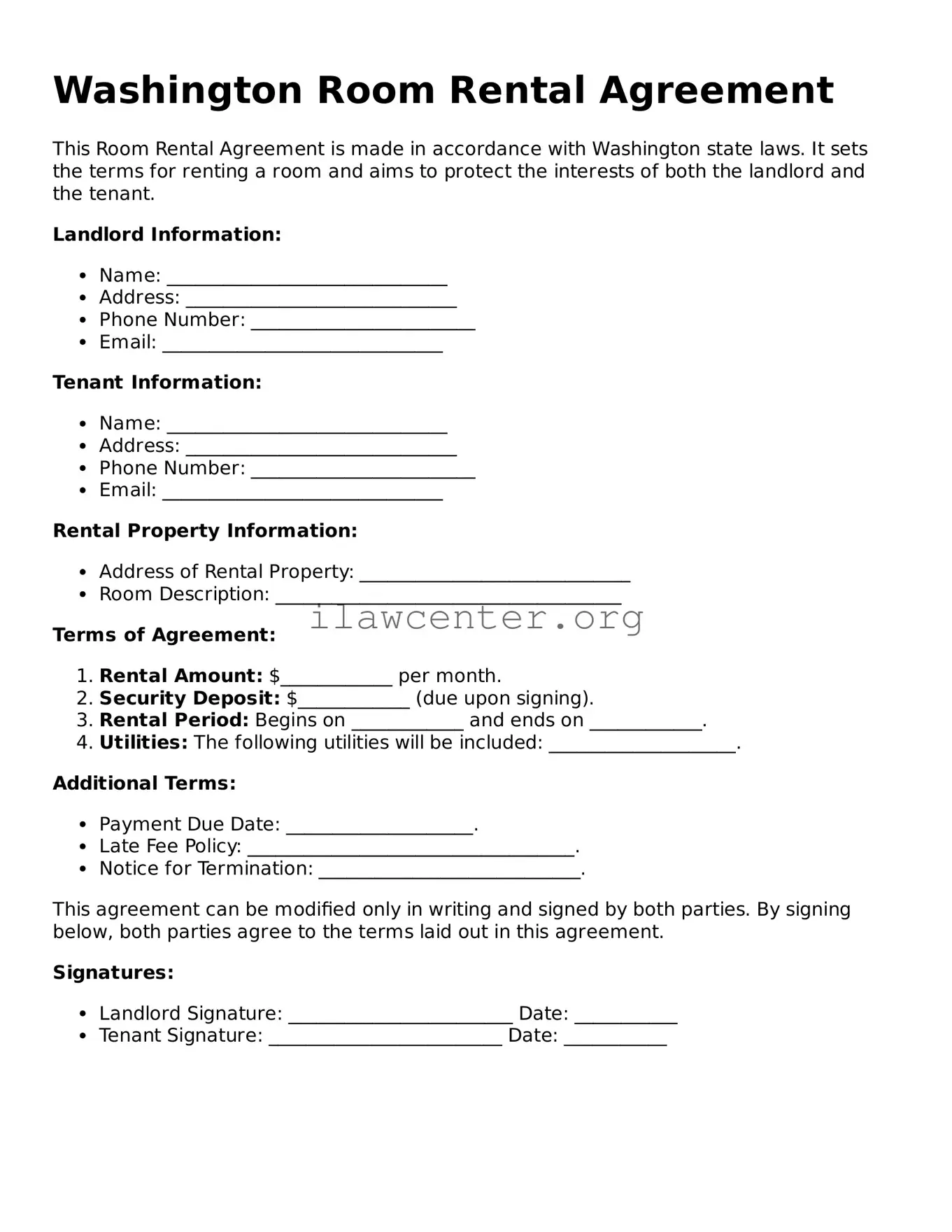 Attorney-Verified  Room Rental Agreement Document for Washington