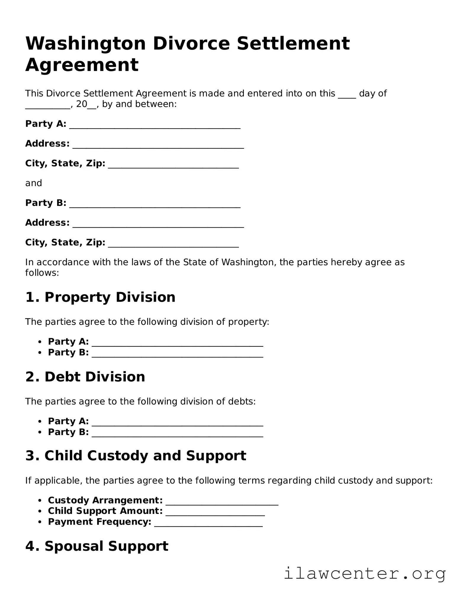 Attorney-Verified  Divorce Settlement Agreement Document for Washington