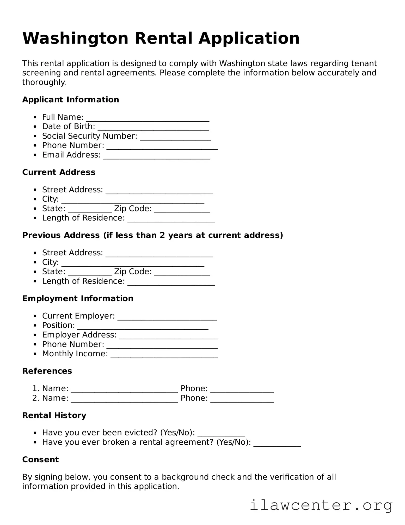 Attorney-Verified  Rental Application Document for Washington