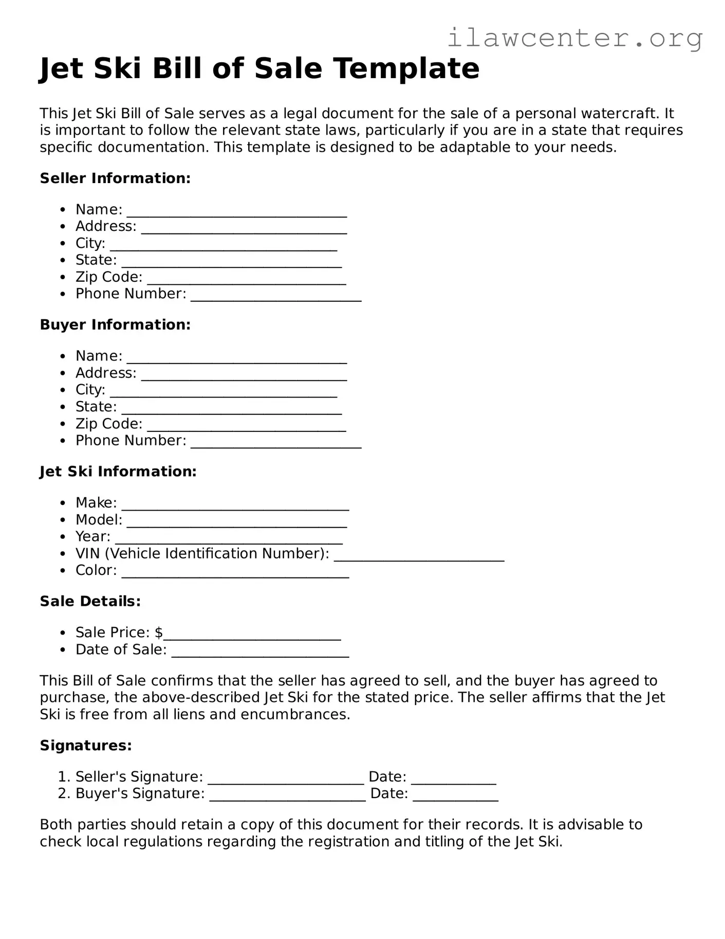 Fillable Jet Ski Bill of Sale Document