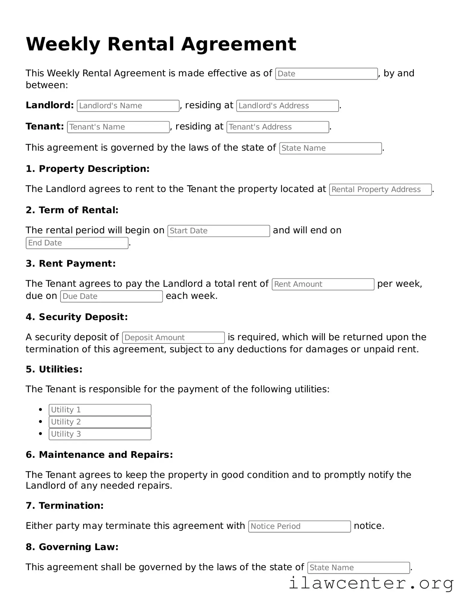 Fillable Weekly Rental Agreement Document