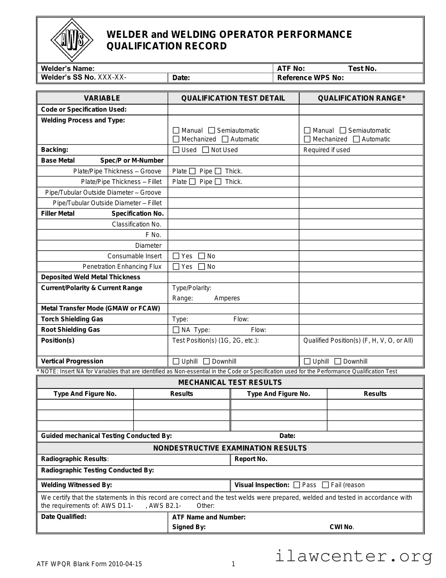 Welder Performance Qualification Record PDF Template