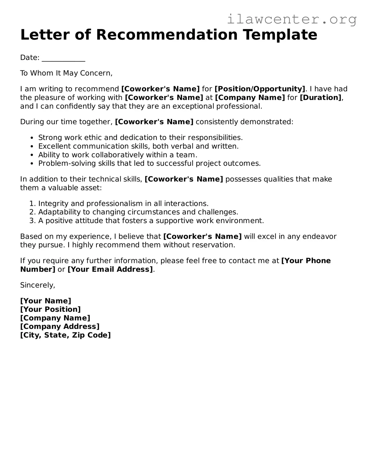 Fillable Letter of Recommendation for Coworker Document