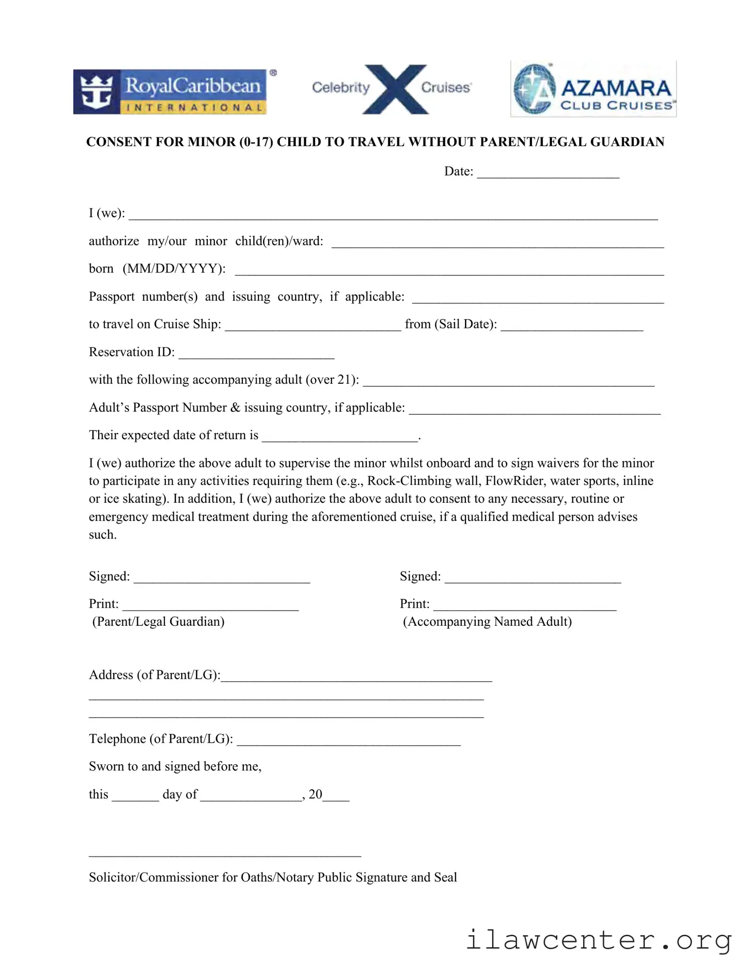 Royal Caribbean Parental Consent PDF Template